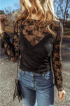 Black Lace Mesh Crochet Splicing Slim Fit Long Sleeve Blouse