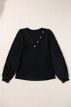 Black Buttoned V Neck Ribbed Puff Sleeve Top