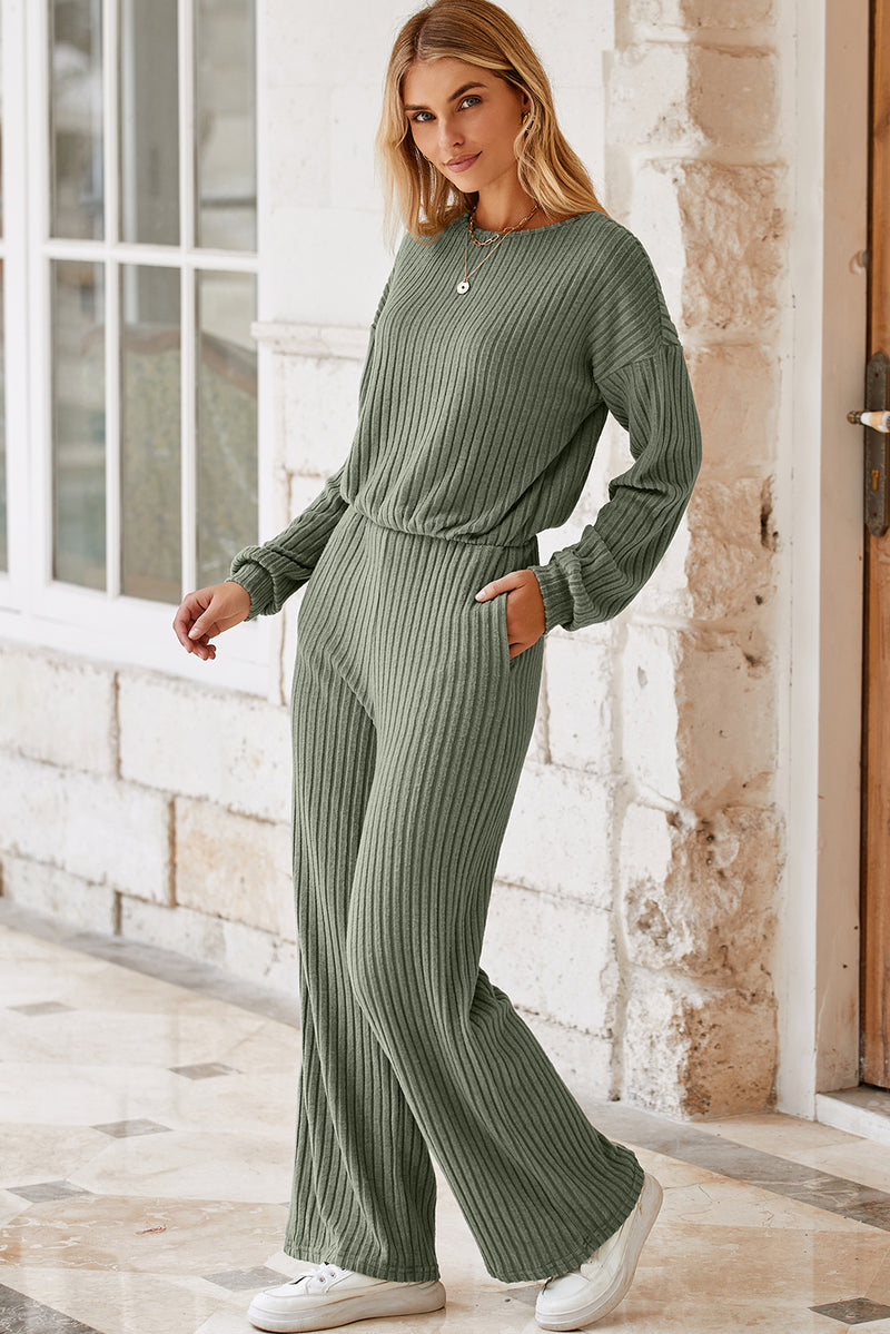 Laurel Green Solid Ribbed Knit Keyhole Back High Waist Jumpsuit