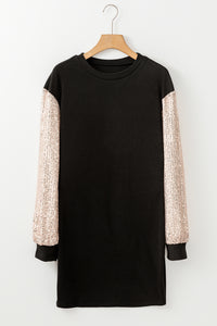 Black Sequin Puff Sleeve Shift Mini Dress