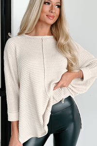 Apricot Waffle Knit Splits Batwing Sleeve Oversized Top