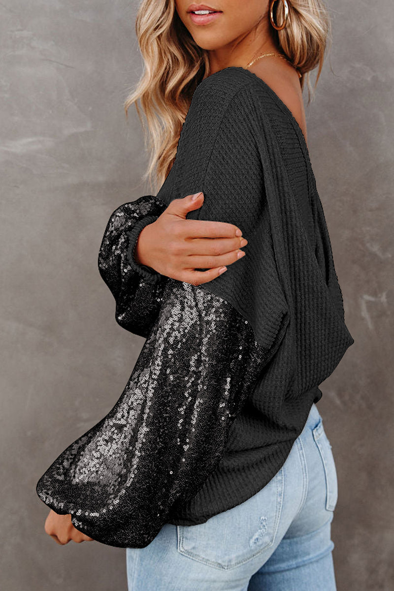 Black Sequin Patchwork Sleeve Open Back Waffle Knit Top