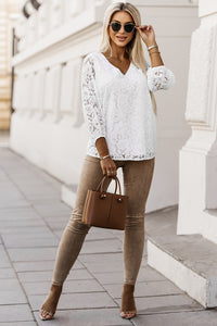 White Floral Lace Crochet Loose Fit V Neck Top