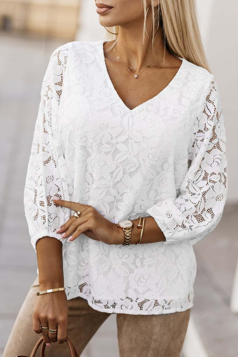 White Floral Lace Crochet Loose Fit V Neck Top