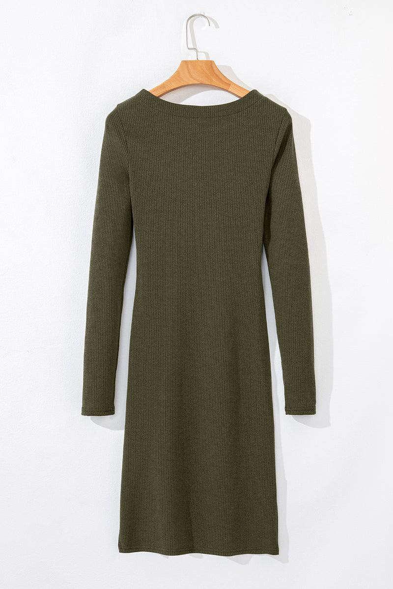 Jungle Green Ribbed Side Slit Ruched Slim Fit Long Sleeve Mini Dress