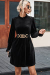 Black Velvet Frill Neck Long Sleeve Shift Dress