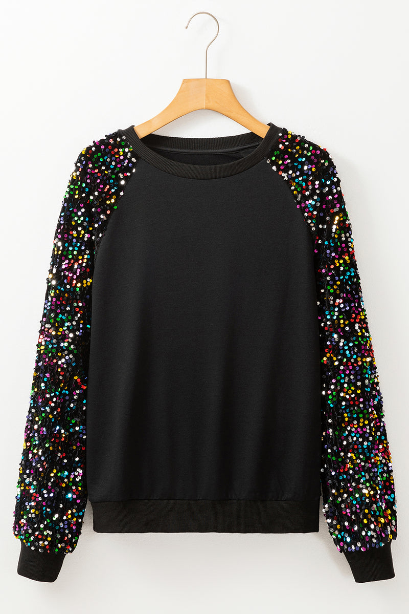 Black Sequin Raglan Sleeve Crewneck Pullover Sweatshirt