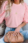 Light Pink Rhinestone Pearl Puff Half Sleeve Top