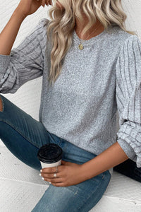 Gray Contrast Ribbed Bishop Sleeve Top