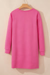 Rose Red Solid Color Textured Long Sleeve Shift Dress