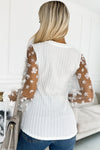 White Floral Applique Mesh Sleeves Textured Knit Blouse