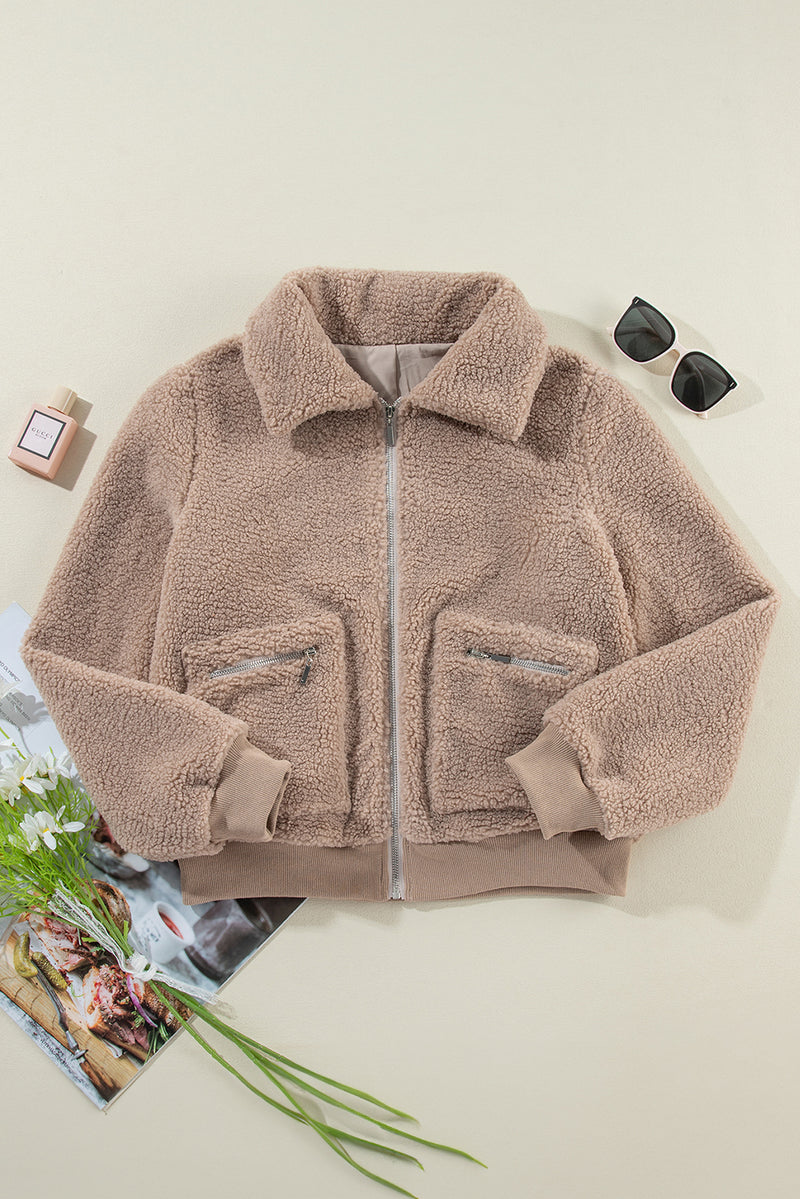 Light French Beige Zipper Pocketed Winter Fuzzy Jacket